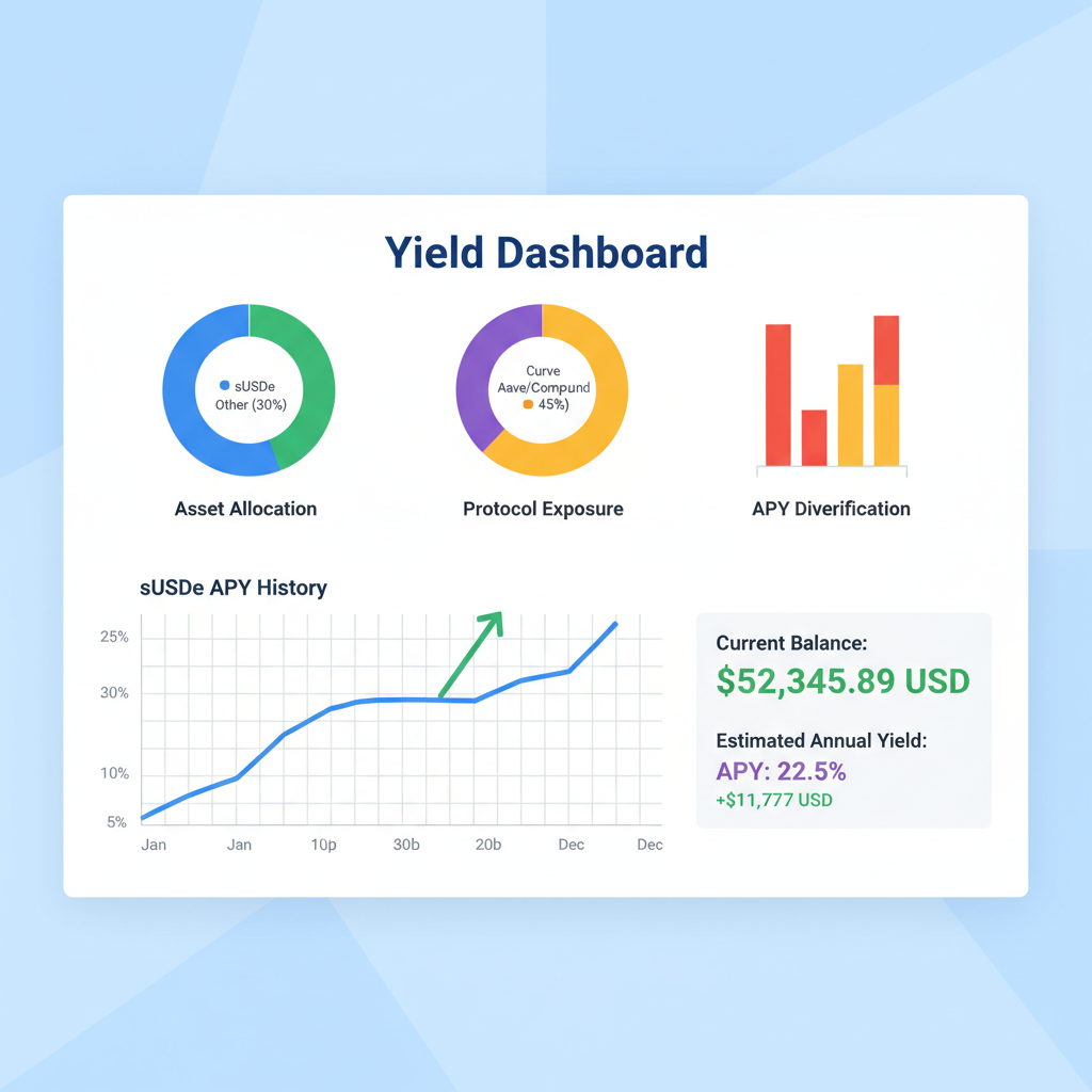 yield dashboard with charts, sUSDe APY graph rising, balance $50K+, professional analytics