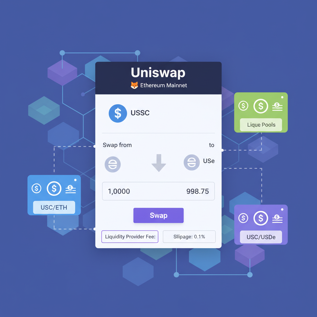 DeFi swap interface Uniswap USDC to USDe, Ethereum blockchain graphic, liquidity pools