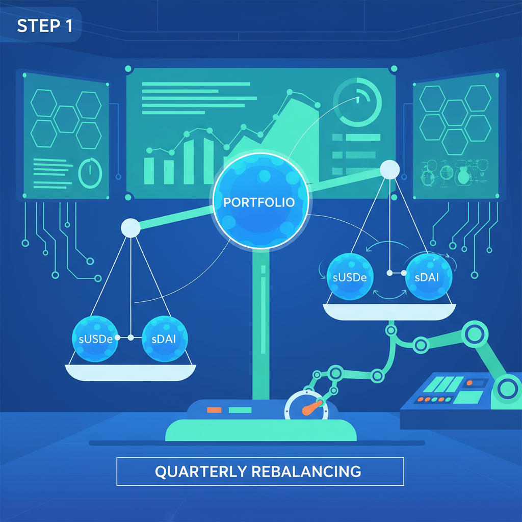 quarterly rebalancing sUSDe sDAI portfolio on balanced scale, futuristic treasury control room
