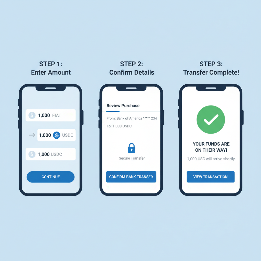 fiat to USDC purchase interface, bank transfer confirmation, dollar signs to crypto icons