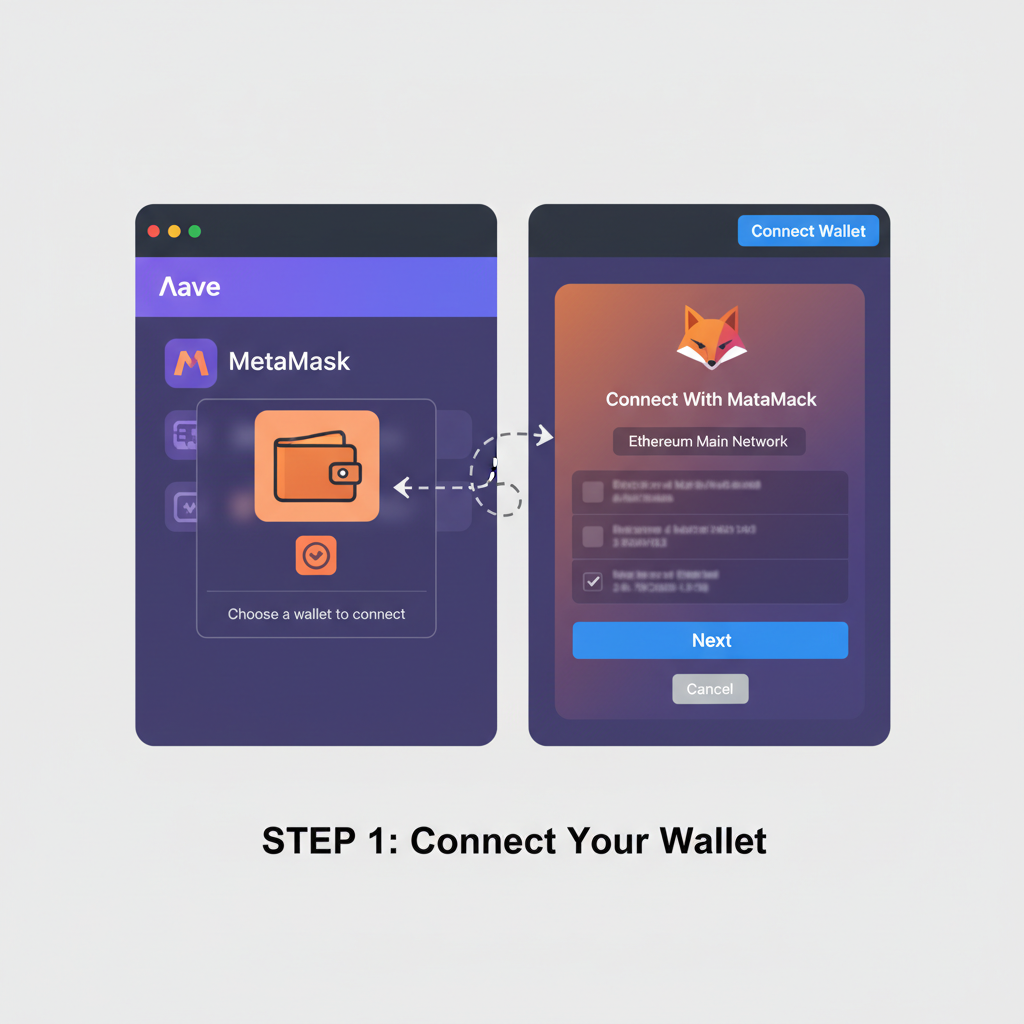 screenshot style of connecting MetaMask wallet to Aave dashboard on Ethereum