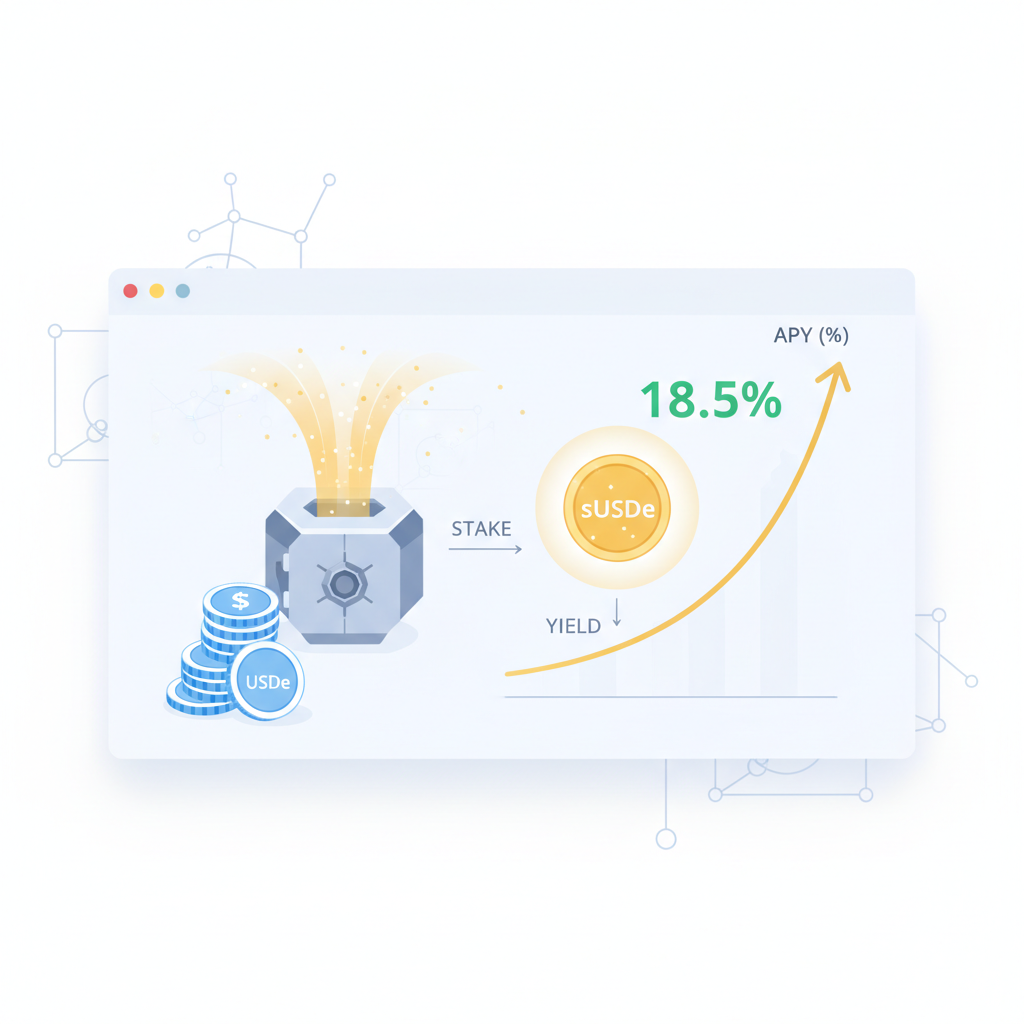 staking USDe tokens transforming into sUSDe, shining yield aura, DeFi staking dashboard with rising APY graph