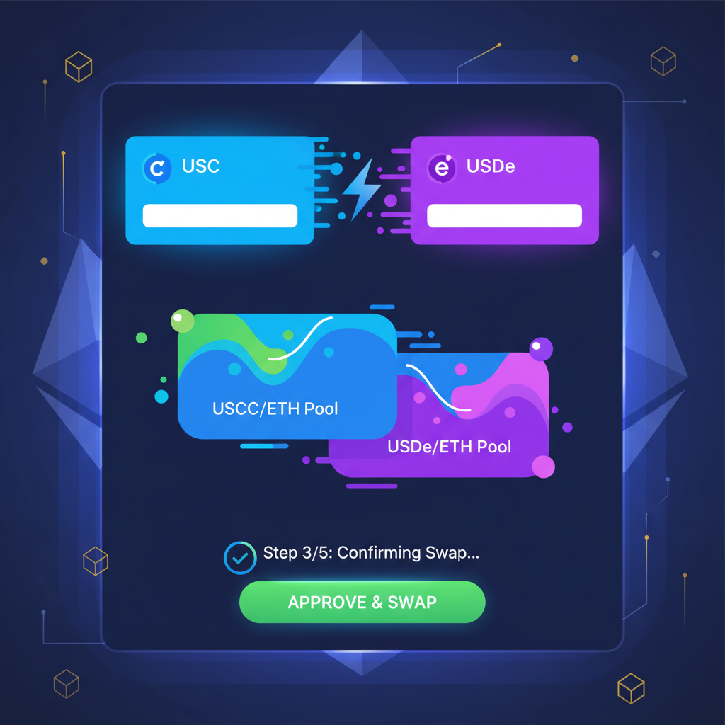 DEX swap interface USDC to USDe, vibrant liquidity pools, Ethereum blockchain glow, fast transaction animation
