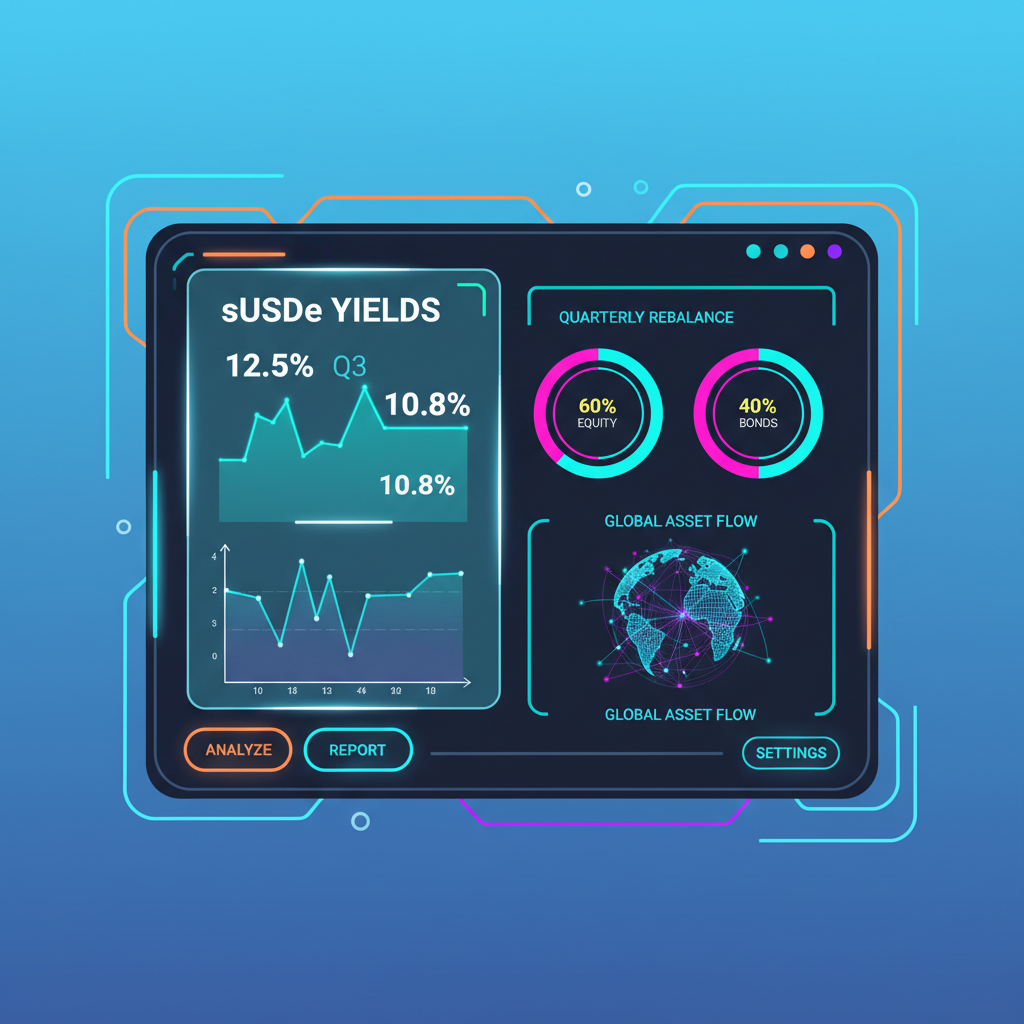 Executive dashboard monitoring sUSDe yields, quarterly rebalance charts, holographic data viz, bold neon accents