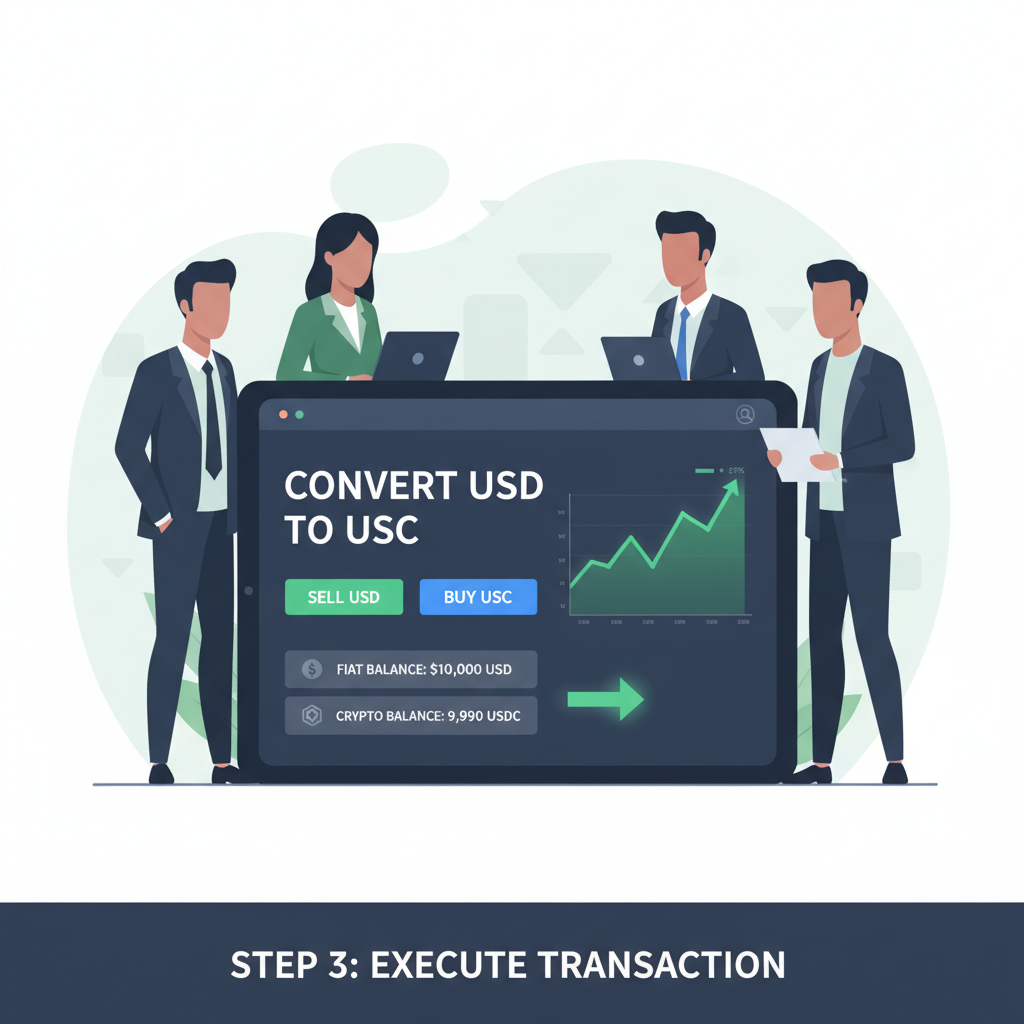 business team converting fiat dollars to USDC on sleek crypto app interface, dynamic green charts rising